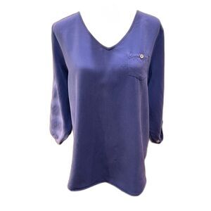 Soft Surroundings Purple Tencel Roll Tab Sleeve V-Neck Tunic Top Pocket Shirt M